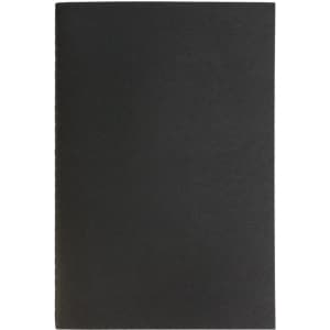 A black notebook with a simple cover, featuring stitching along the spine. Ideal for writing and note-taking.