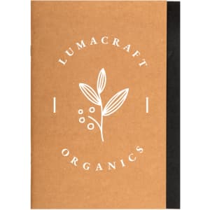 A brown A5 notebook with a black spine and a logo featuring a leaf and berries on the cover.