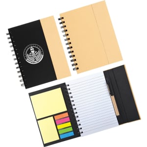 A spiral-bound notebook with a black cover and beige accents, featuring note pages and sticky notes in various colours.