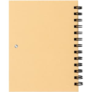 A spiral-bound notebook with a plain beige cover and a silver metal ring on the side. It has a branding logo.