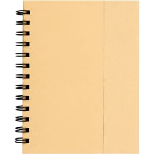 A spiral-bound notebook with a plain, kraft paper cover and a side pocket. The notebook is tan in colour.