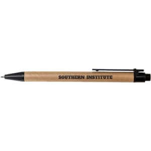 A brown pen with a black clip and a logo printed on the side, featuring a smooth writing tip.