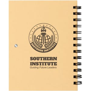 A yellow spiral-bound notebook featuring a logo on the cover. The notebook has a textured finish and is blank within.