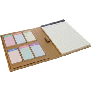 A planner with a tan cover, featuring a notepad and colorful sticky note pads in pastel shades.