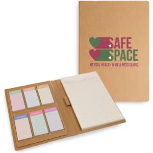 A cork-bound Daily Note Planner with colorful sticky notes and a notepad, featuring a logo on the cover.