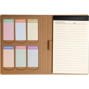 A Daily Note Planner featuring a brown cover with a notepad and six sticky note tabs labeled for each day of the week.