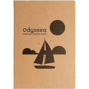 A brown planner with a sailboat and sun design on the cover, featuring a logo for a marine theme park.