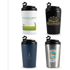 A reusable coffee cup in white with logo, black with logo, blue, and stainless steel with a design.