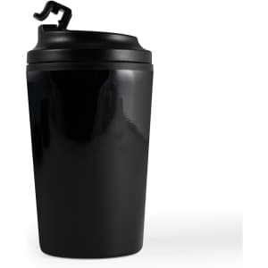 A reusable black coffee cup with a black lid and a built-in hook. It features a logo on the surface.