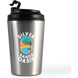 A stainless steel coffee cup with a black lid and a colorful logo featuring a beach scene.