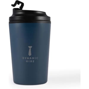 A reusable coffee cup with a sleek navy design and a black lid, featuring the logo "DYNAMIC HIRE" prominently displayed.