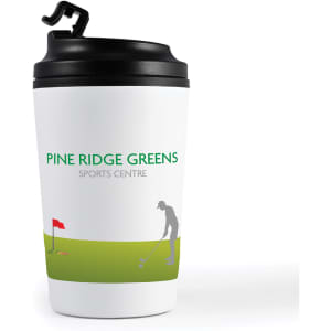 A reusable coffee cup in white with a black lid, featuring a logo and a golf-themed graphic.