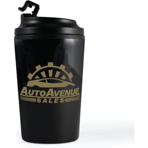 A black reusable coffee cup with a secure lid and a logo on the front.