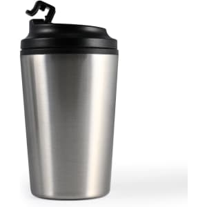 A stainless steel reusable coffee cup with a black lid and a flip-top opening.
