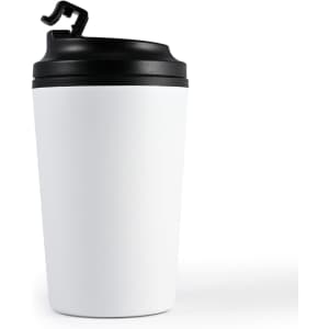 A reusable coffee cup with a sleek white exterior and a black lid featuring a sip opening.