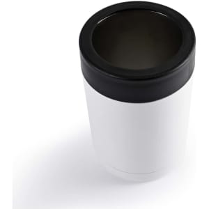 A drink cooler made of stainless steel featuring a sleek white body and a black silicone lid.