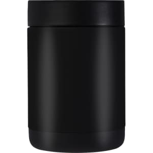 A drink bottle in matte black, featuring a sleek design and a lid. It has a logo on its surface.