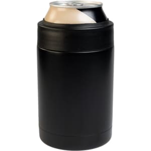 A drink bottle cooler in matte black, designed to fit standard-sized cans. It features a simple and sleek design.