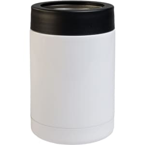 A drink bottle in white with a black lid, featuring a sleek, stainless steel design and a logo.