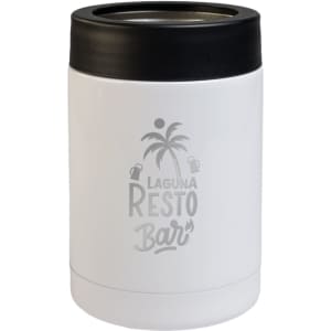 A drink bottle in white with a black lid and a palm tree logo on the front.