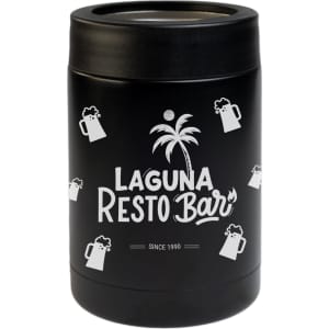 A black stainless steel drink cooler featuring a palm tree design and a logo, with decorative beer mug graphics.