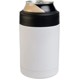 A drink bottle in white stainless steel with a black sleeve, holding a can inside. Features a logo on the side.