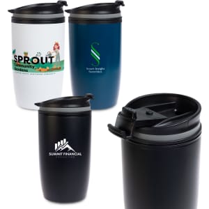 A reusable coffee cup set in white, navy, and black, featuring various logos and a secure lid.