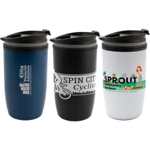 Three reusable coffee cups in blue, black, and white colors, each featuring a logo and a lid.