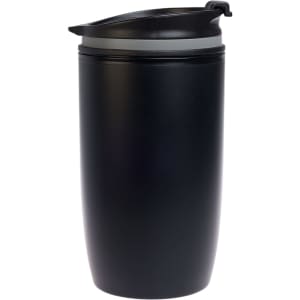 A reusable coffee cup in sleek black finish with a secure flip-top lid.
