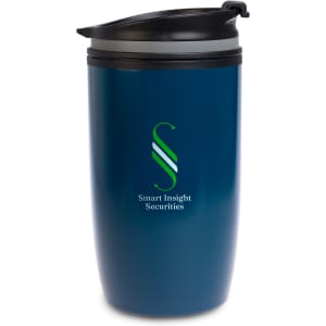 A reusable coffee cup in a deep blue color, featuring a black lid and a logo on the side.