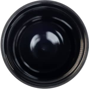 A reusable coffee cup in solid black with a smooth interior and a simple design, featuring a logo.
