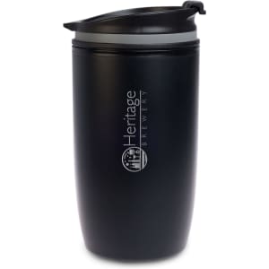 A reusable coffee cup featuring a sleek black design with a secure lid and a logo for Heritage Brewery.