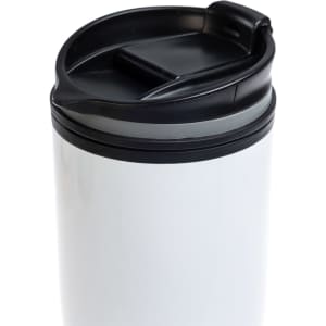 A reusable coffee cup featuring a sleek white body and a black lid with a flip-top opening.