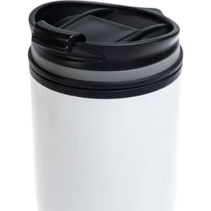A reusable coffee cup with a sleek white exterior and a black lid featuring a slide closure.
