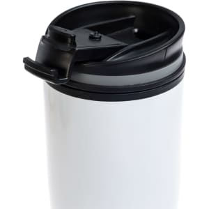 A reusable coffee cup featuring a sleek design with a secure lid and a convenient spout for easy sipping.