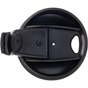A black reusable coffee cup lid with a built-in handle and a central opening, featuring a logo.