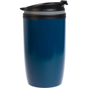 A reusable coffee cup in a dark blue gradient with a black lid and a sleek design. Features a logo.