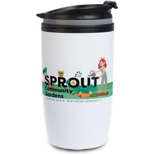 A reusable coffee cup in white with a black lid, featuring a colorful design and a logo.