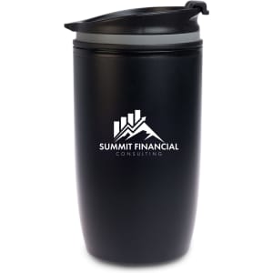 A reusable coffee cup in matte black featuring a secure lid and the logo of Summit Financial Consulting.
