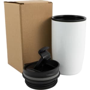 A reusable coffee cup in white with a black lid, accompanied by a cardboard box for packaging.