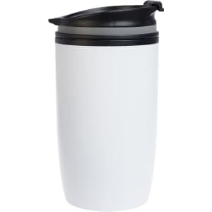 A reusable coffee cup with a white body and a black lid, designed for hot beverages.