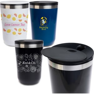 A reusable coffee cup assortment in white, navy blue, and black, featuring various designs and a stainless steel lid.