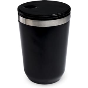 A reusable coffee cup in black with a stainless steel band and a lid featuring a drinking opening.