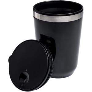 A reusable coffee cup featuring a sleek black design with a stainless steel band and a removable lid.