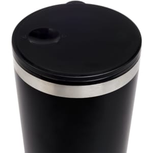 A reusable coffee cup featuring a sleek black design with a metallic band around the center and a secure lid.