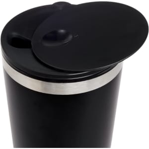 A reusable coffee cup featuring a sleek black design with a stainless steel band and a spill-resistant lid.