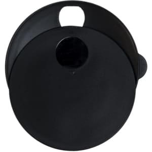 A black reusable coffee cup with a lid and a handle, featuring a logo.