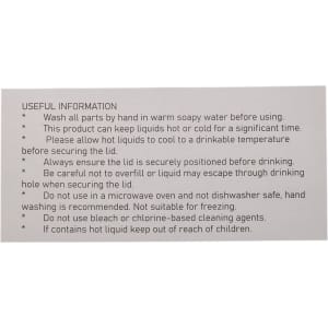 A product label with useful information about the Rizz Coffee Cup, including care instructions and safety warnings.