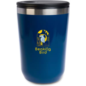 A reusable coffee cup in a dark blue color with a stainless steel lid and a logo on the front.