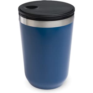 A reusable coffee cup in navy blue with a stainless steel band and a black lid, featuring a logo.